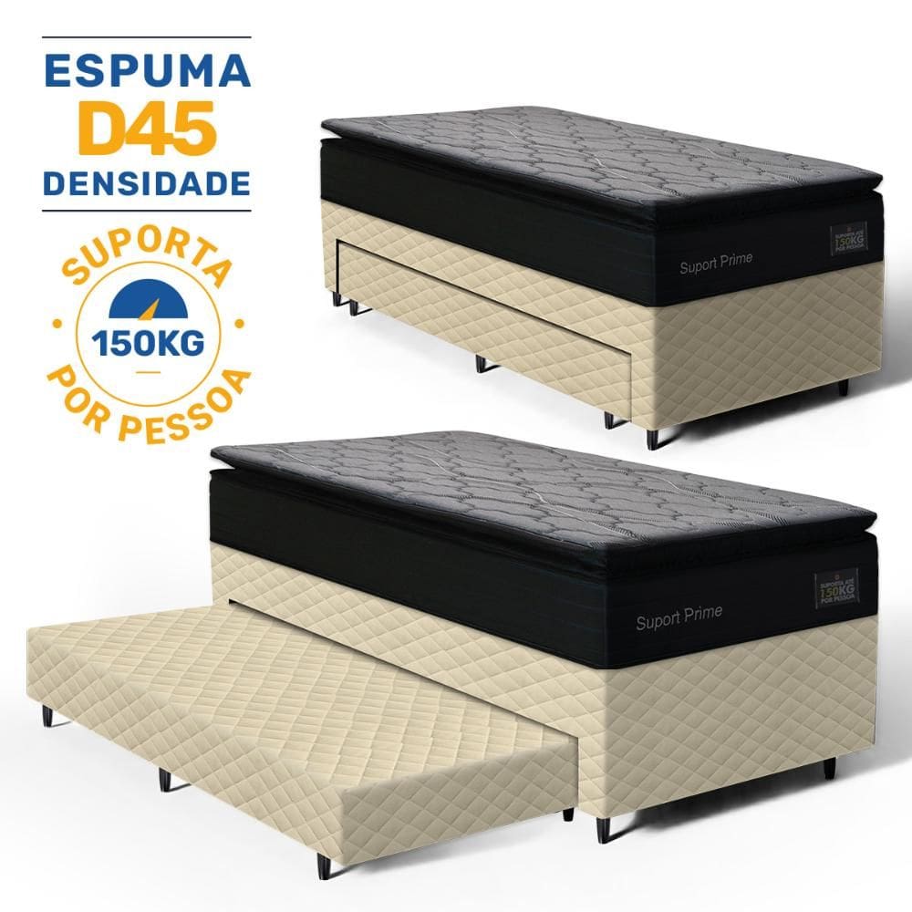 Cama Box com Colchão de Espuma D45 Pillow Top Suport Prime + Auxiliar de Espuma Unique Solteiro 88cm