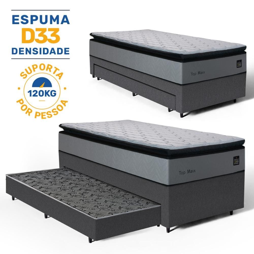 Cama Box com Colchão de Espuma D33 Pillow Top Maxx + Auxiliar de Espuma Unique Solteiro 88cm