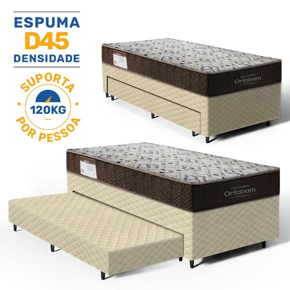 Cama Box com Colchao de Espuma D45 Solteiro Ortobom ISO 150 + Auxiliar de Espuma Unique Solteiro 88cm