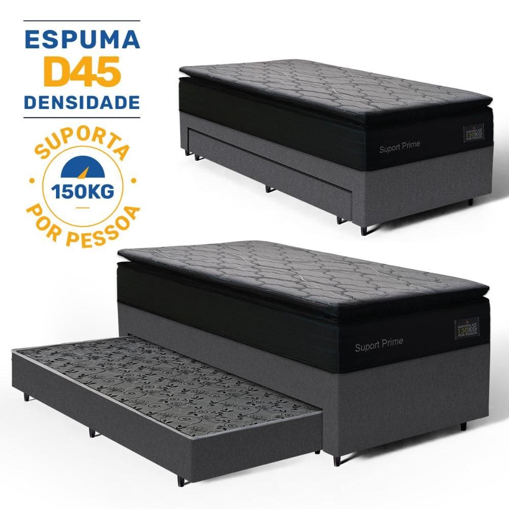 Cama Box com Colchão de Espuma D45 Pillow Top Suport Prime + Auxiliar de Espuma Unique Solteiro 88cm