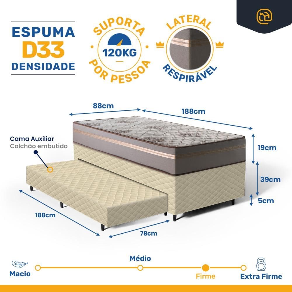 Cama Box com Colchão de D33 Millenium One Face + Auxiliar de Espuma Unique Solteiro 88cm