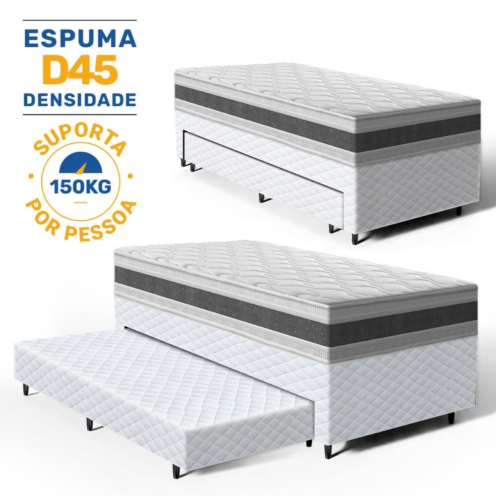 Cama Box com Colchao de Espuma D45 Double Face Air Pro Forca Anjos + Auxiliar de Espuma Unique Solteiro 88cm