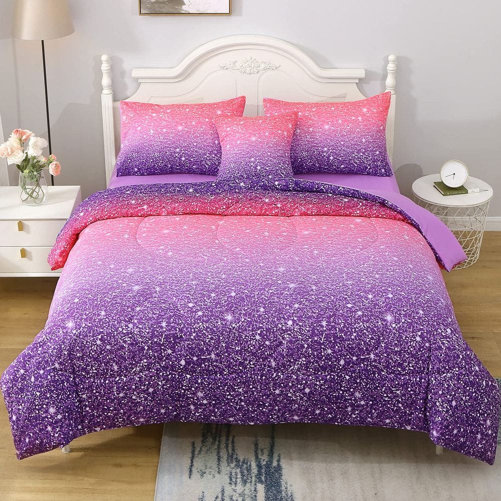 Conjunto de edredom JqinHome Twin Pink Purple, cama de 6 peças em uma bolsa