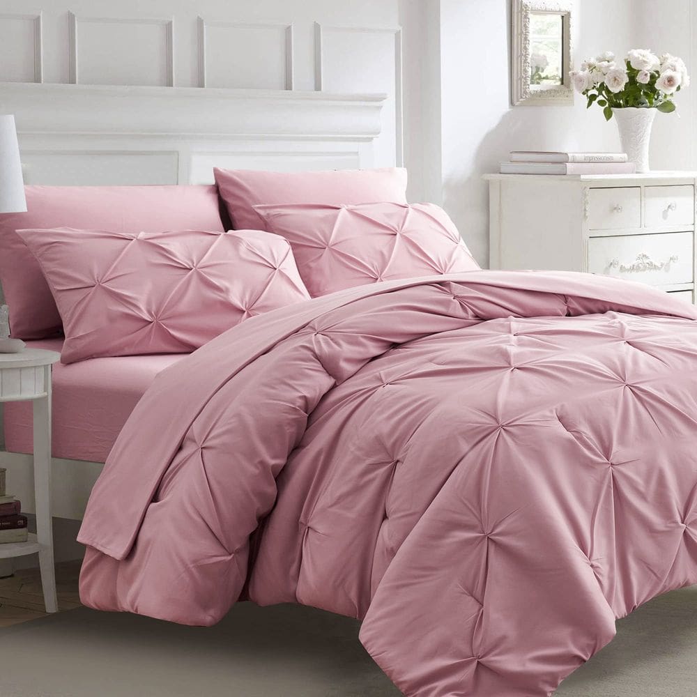 Conjunto de edredom Ubauba em tamanho real com lençóis, 7 peças, rosa plissado