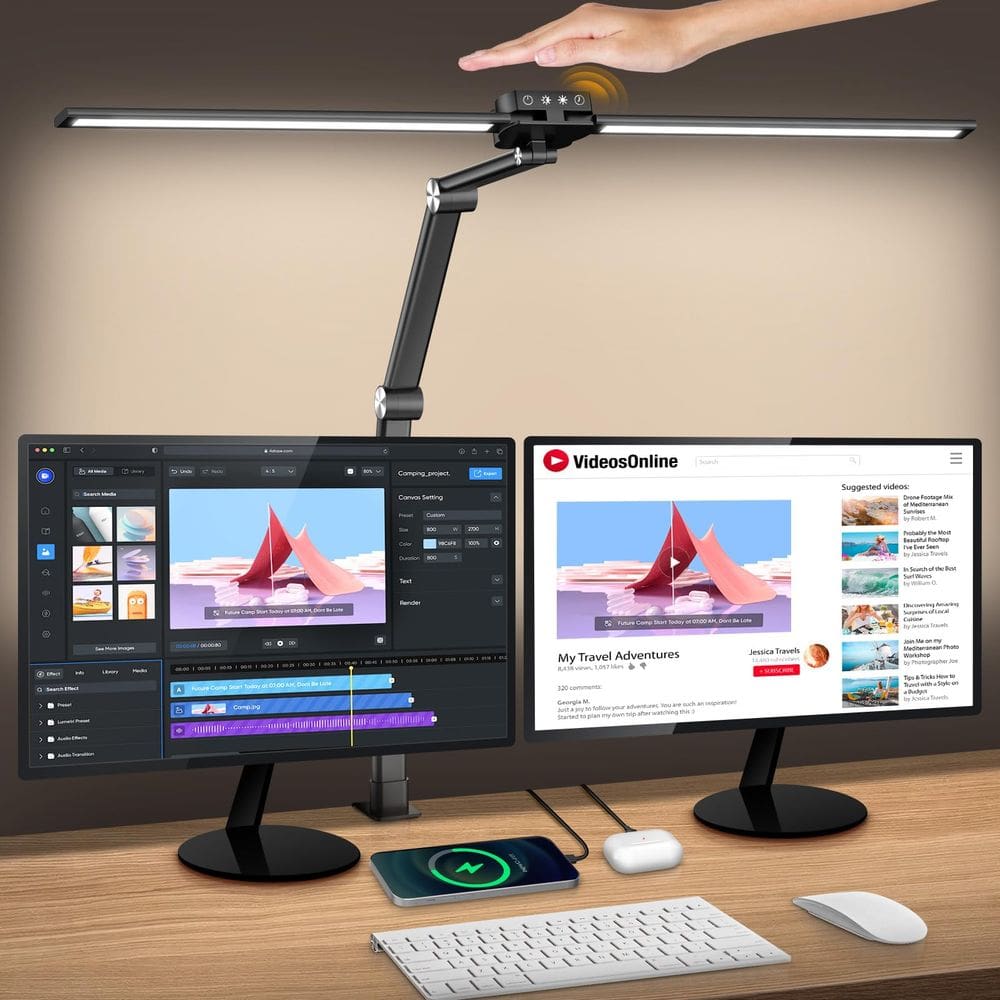 Lâmpada de mesa Syrinx LED de cabeça dupla 24W com braçadeira de 25 modos de luz