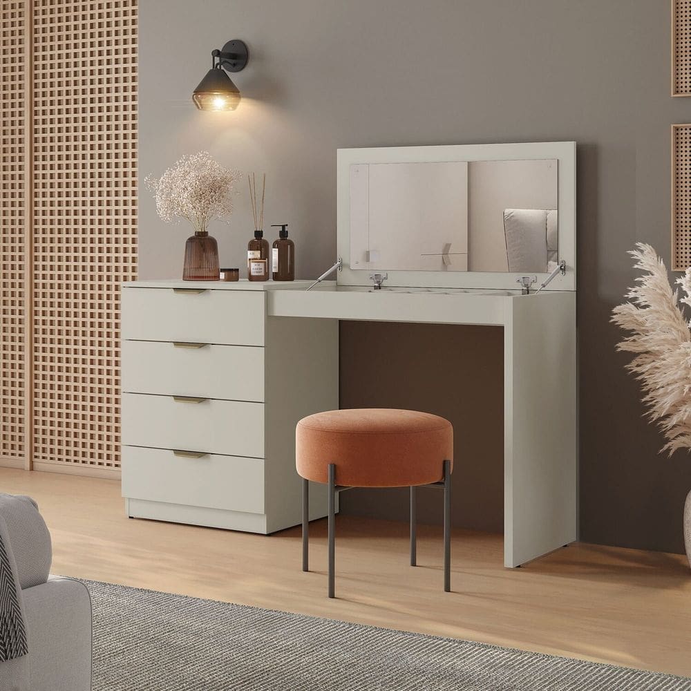 Penteadeira Camarim com Porta Joias e Tampo Reclinável 4 Gavetas Afrodite 100%mdf Off White