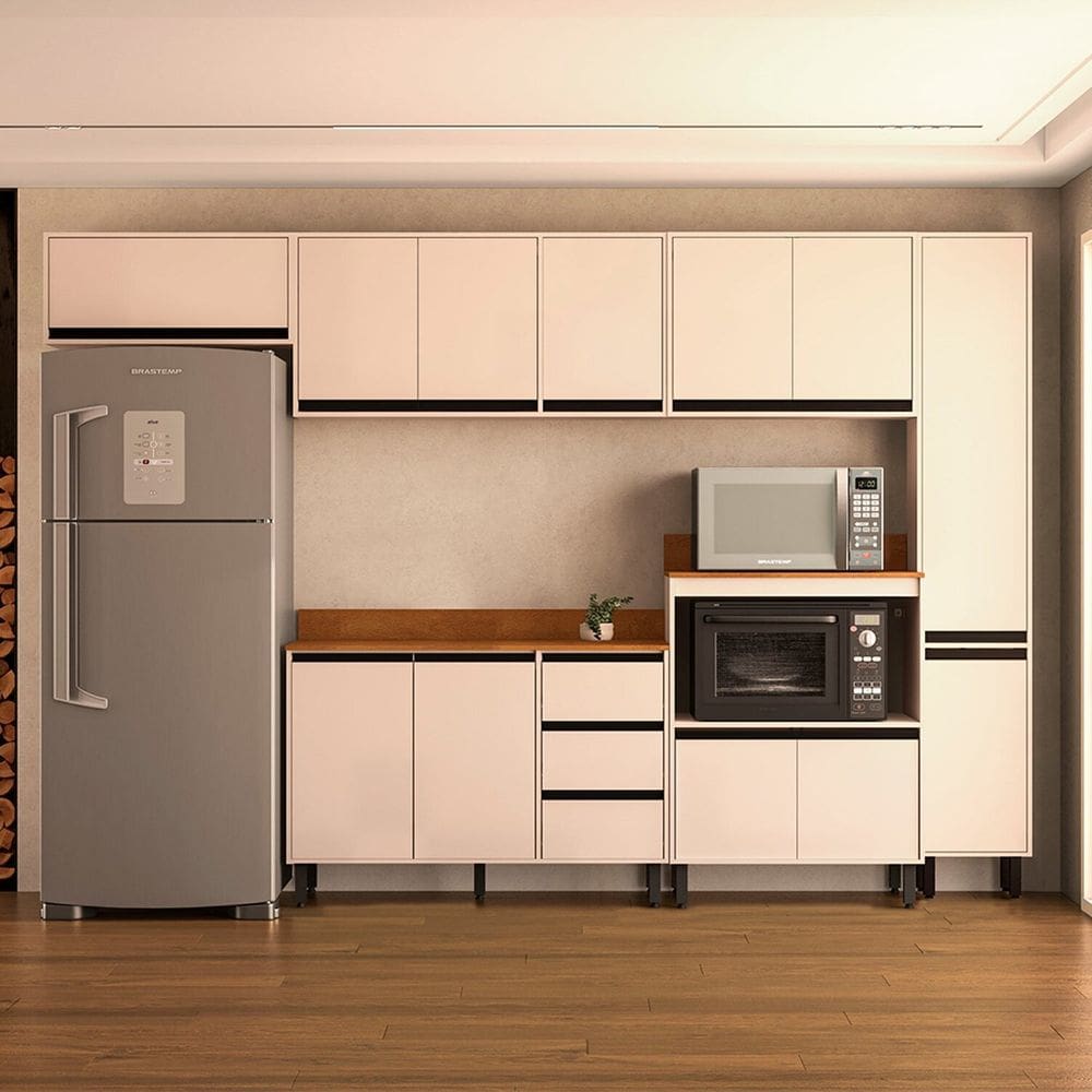 Cozinha 6 Peças Balcão 3 Gavetas 2 Portas Aéreo Balcão Alto Paneleiro com Tampo Koya Branco/Creme