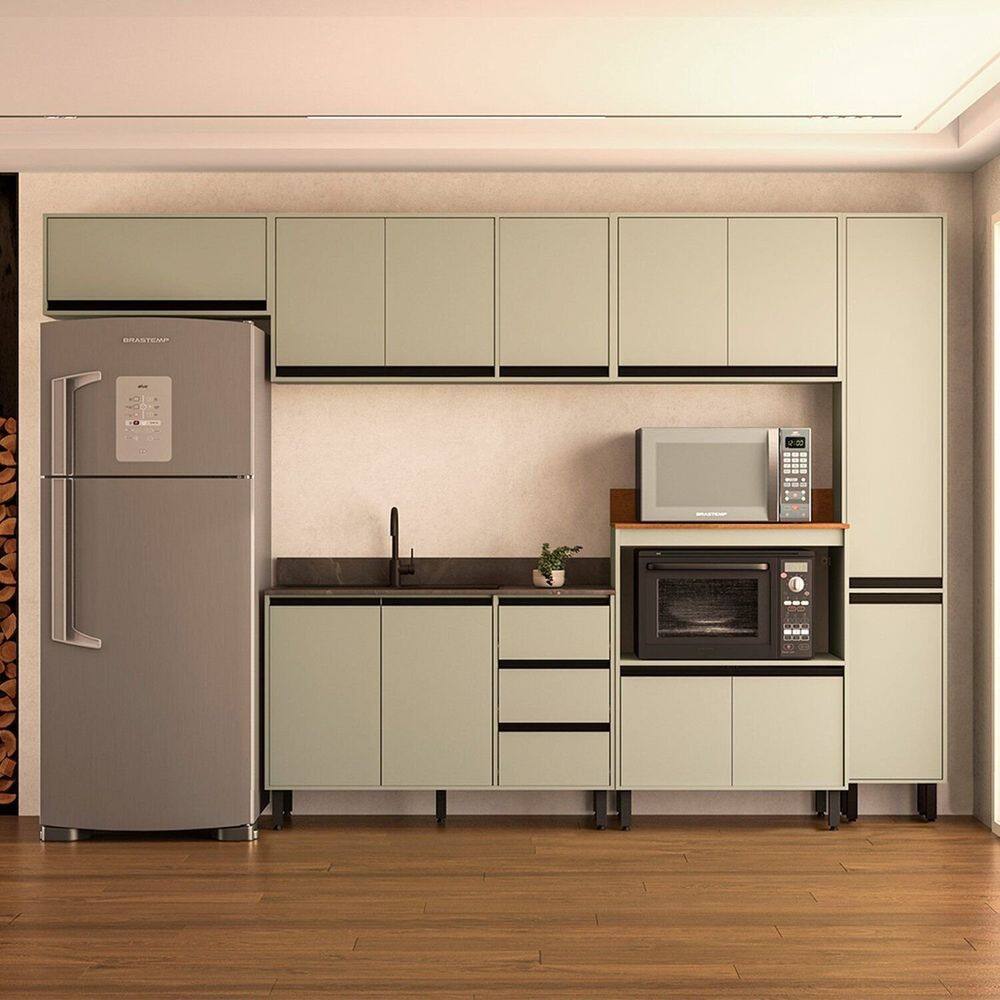 Cozinha 6 Peças Balcão 3 Gavetas 2 Portas Aéreo Balcão Alto Paneleiro sem Tampo Koya Branco/Verde Oliva