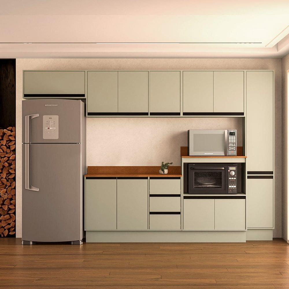 Cozinha 6 Peças Balcão 3 Gavetas 2 Portas Aéreo Balcão Alto Paneleiro com Tampo Koya Branco/Verde Oliva