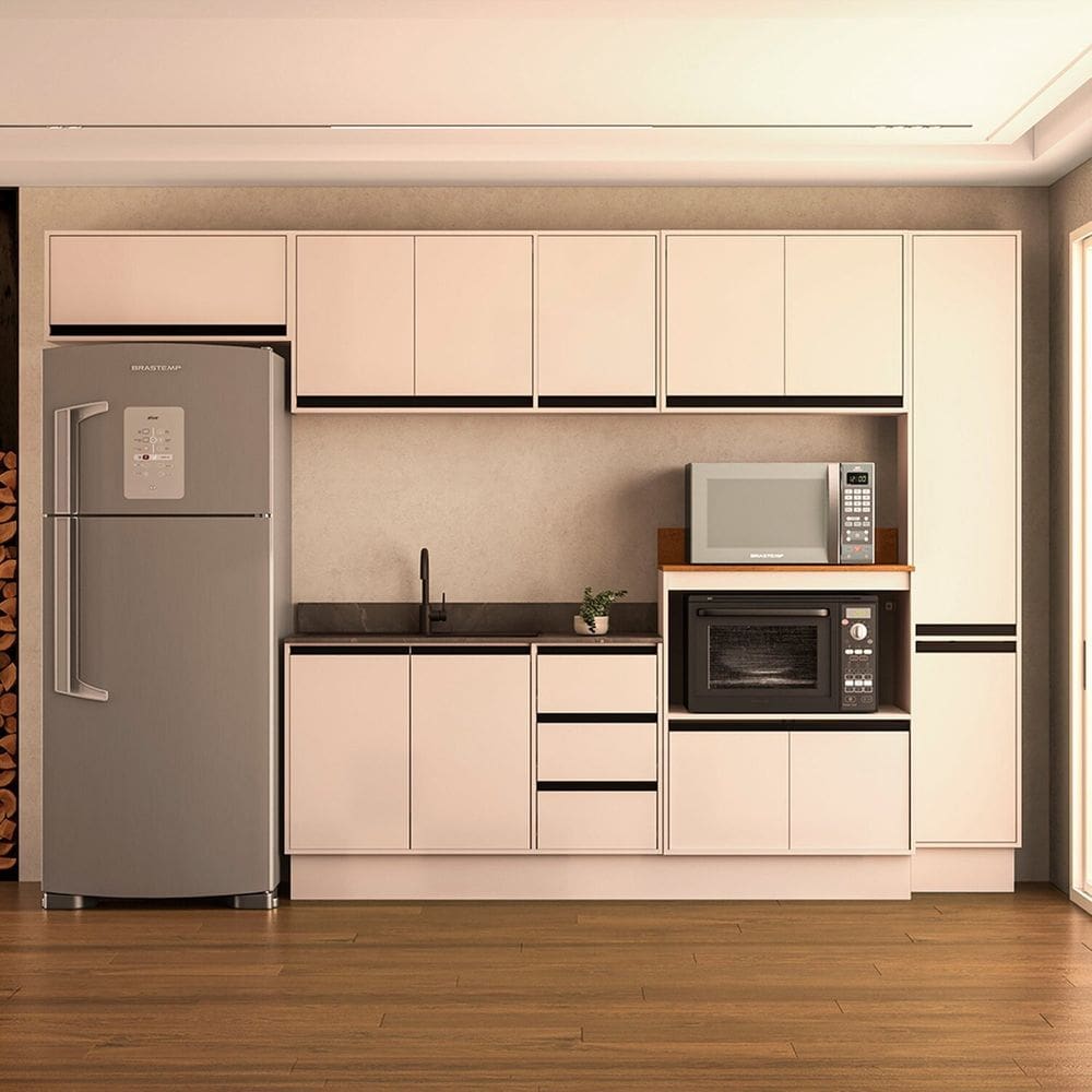 Cozinha 6 Peças Balcão 3 Gavetas 2 Portas Aéreo Balcão Alto Paneleiro sem Tampo Koya Branco/Creme