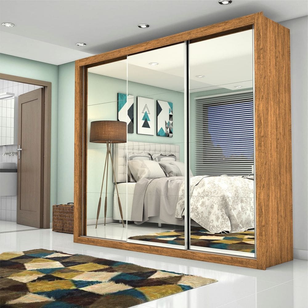 Guarda Roupa Casal com Espelho 3 Portas de Correr Ilheus Premium Cinamomo-Branco