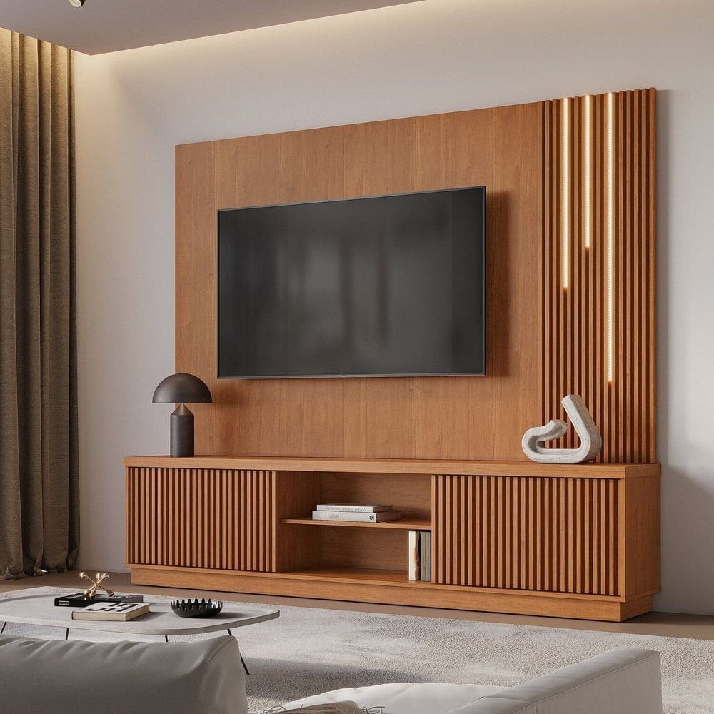 Estante Home para Tv de Ate 75 Polegadas com Led Cascata 100% Mdf 2 Portas 220cm Valencia New Naturalle