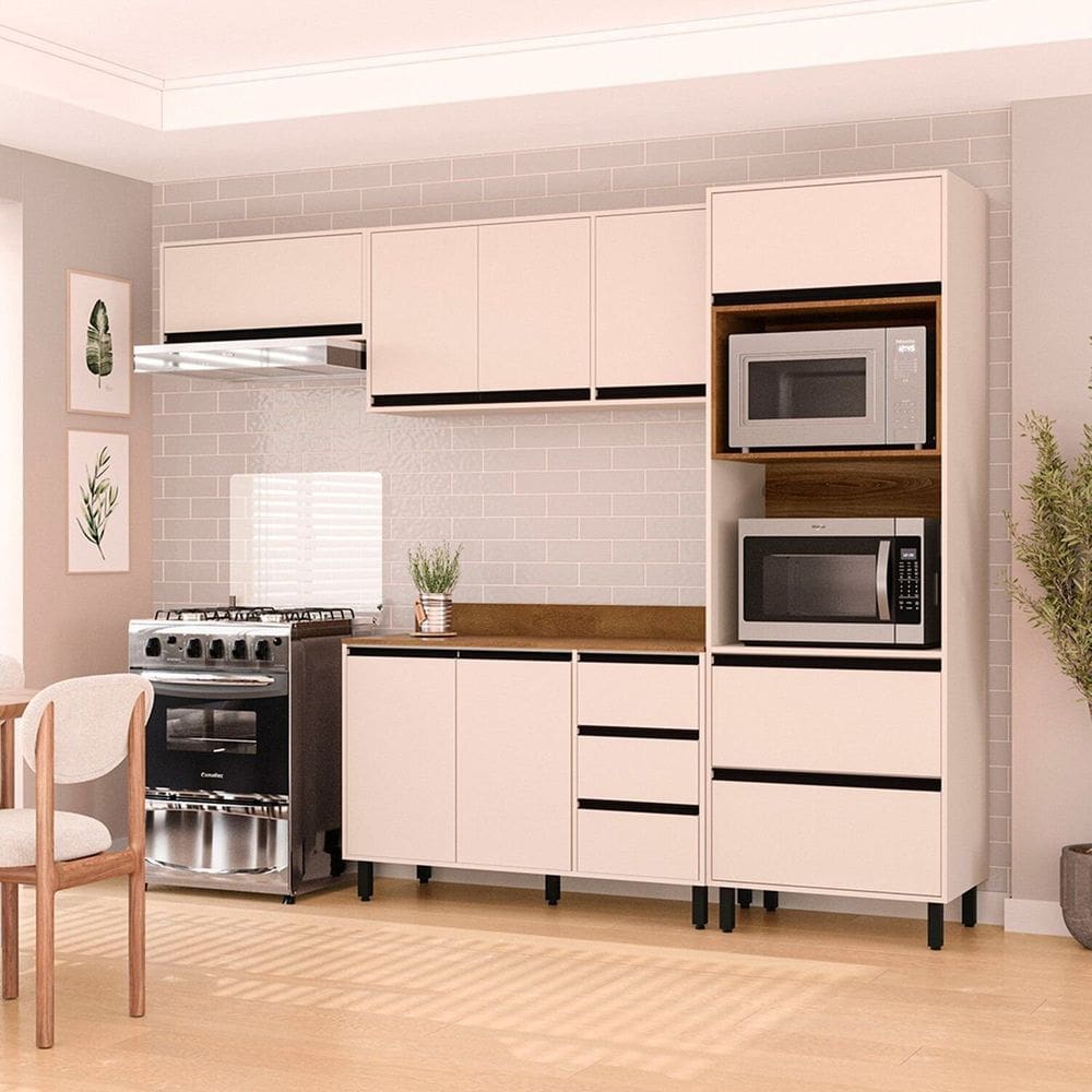 Cozinha 4 Peças Balcão 3 Gavetas 2 Portas Aéreo Basculante Torre Quente com Tampo Koya Branco/Creme