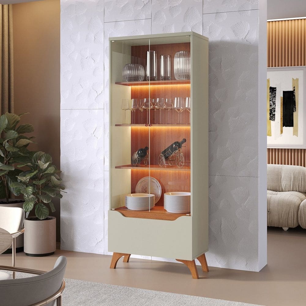 Cristaleira 2 Portas 1 Gaveta 3 Prateleiras com Led Pés em Madeira Maciça Grecia New Off White/Naturalle