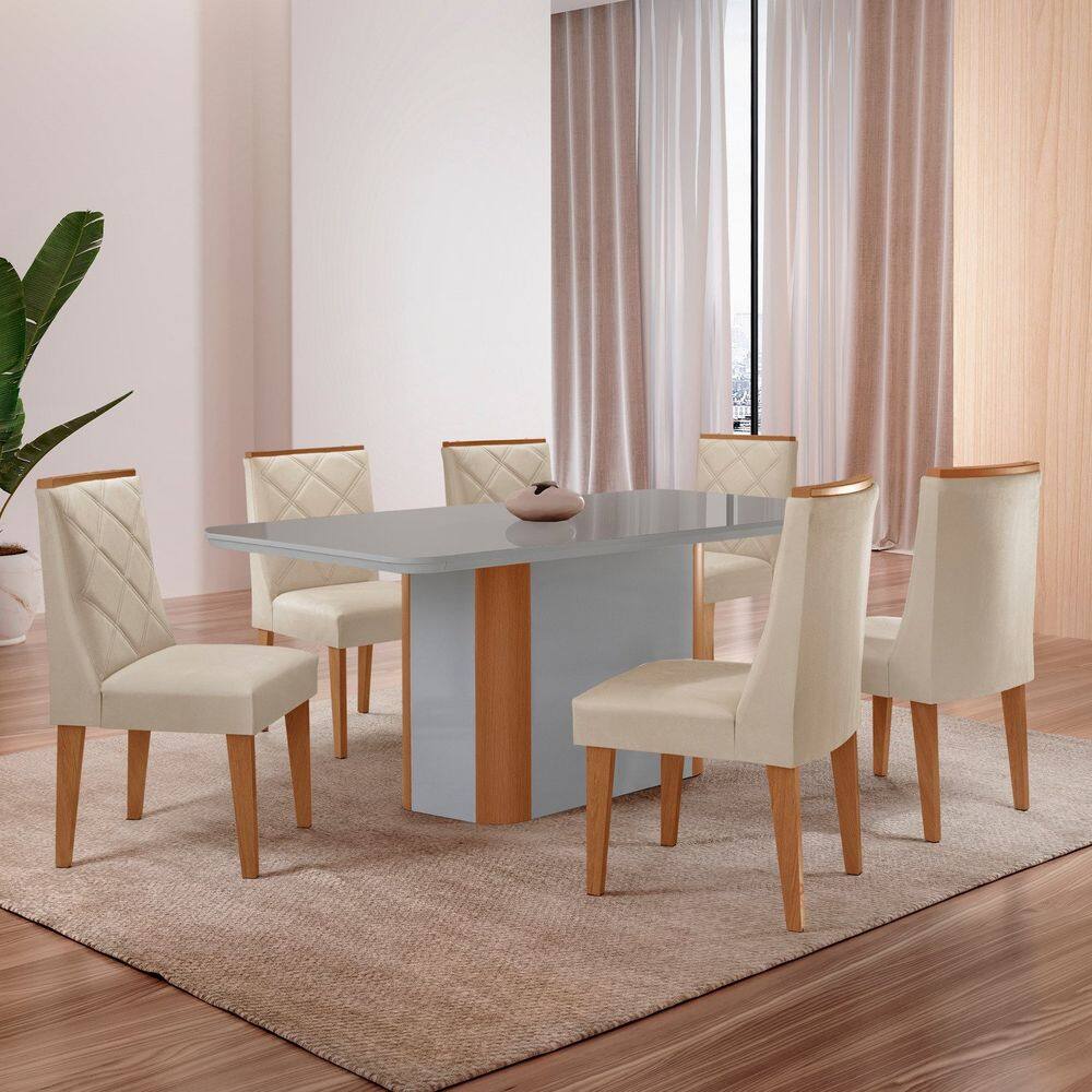 Mesa 180cm Tampo Mdf/vidro Canto Copo 6 Cadeiras Ester Creme/Naturalle/Off White