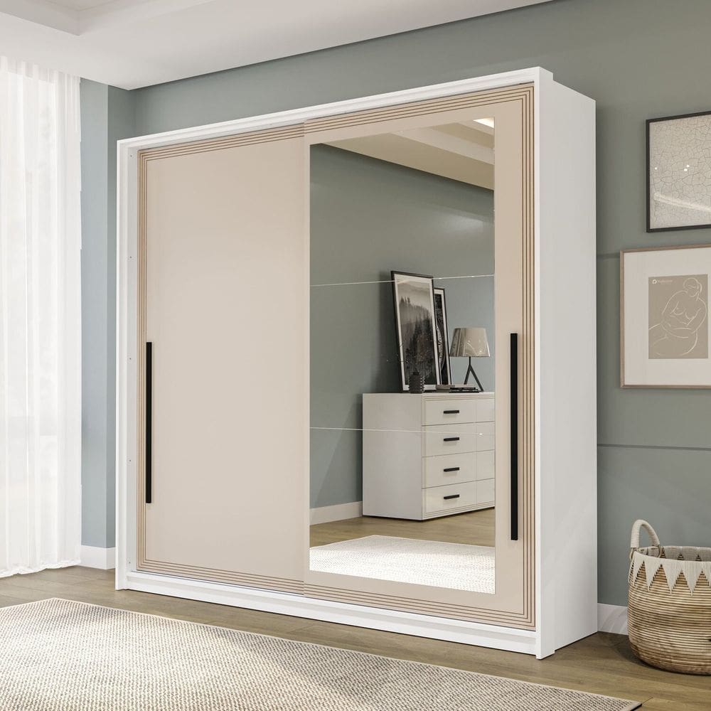 Guarda-roupa 2 Portas de Correr e 2 Gavetas com Espelho Valência Branco/Creme
