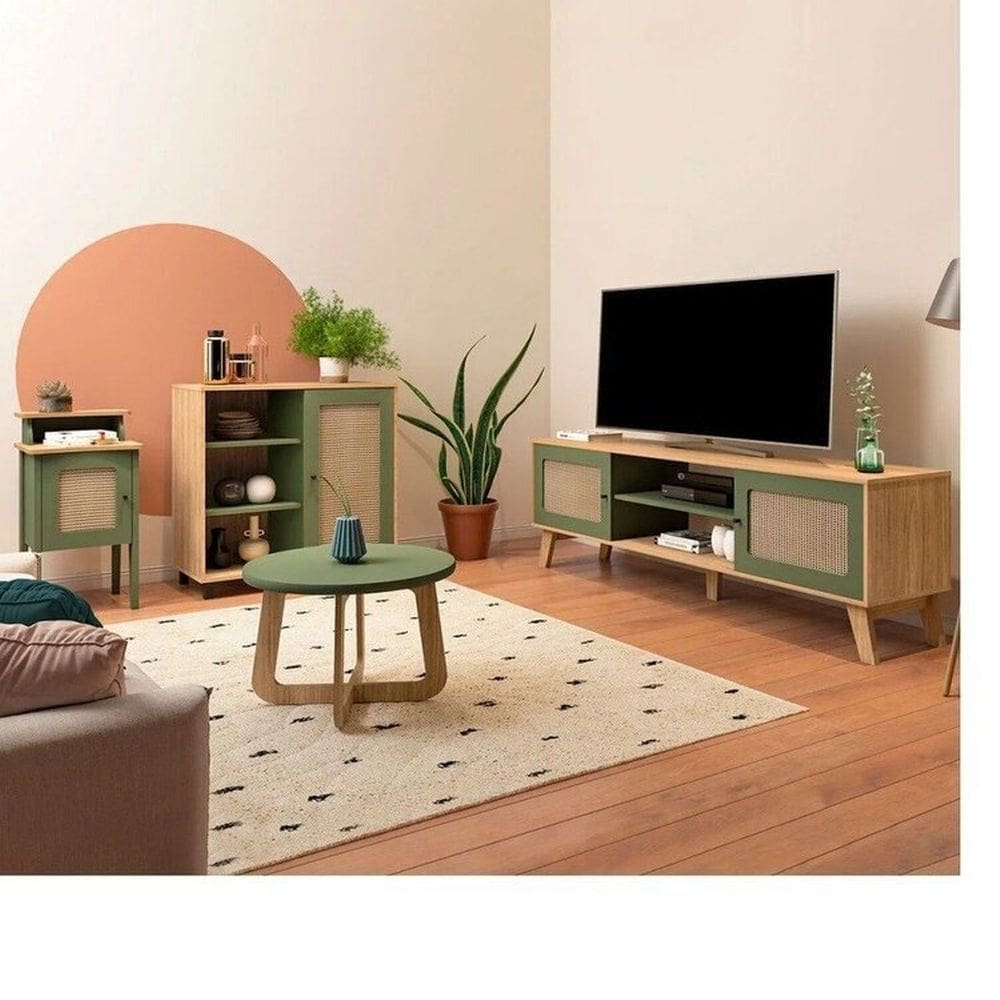 Kit 4 Peças com Rack para Tv até 75 Polegadas, Mesa de Centro, Mesa Lateral e Aparador Carvalho/Menta