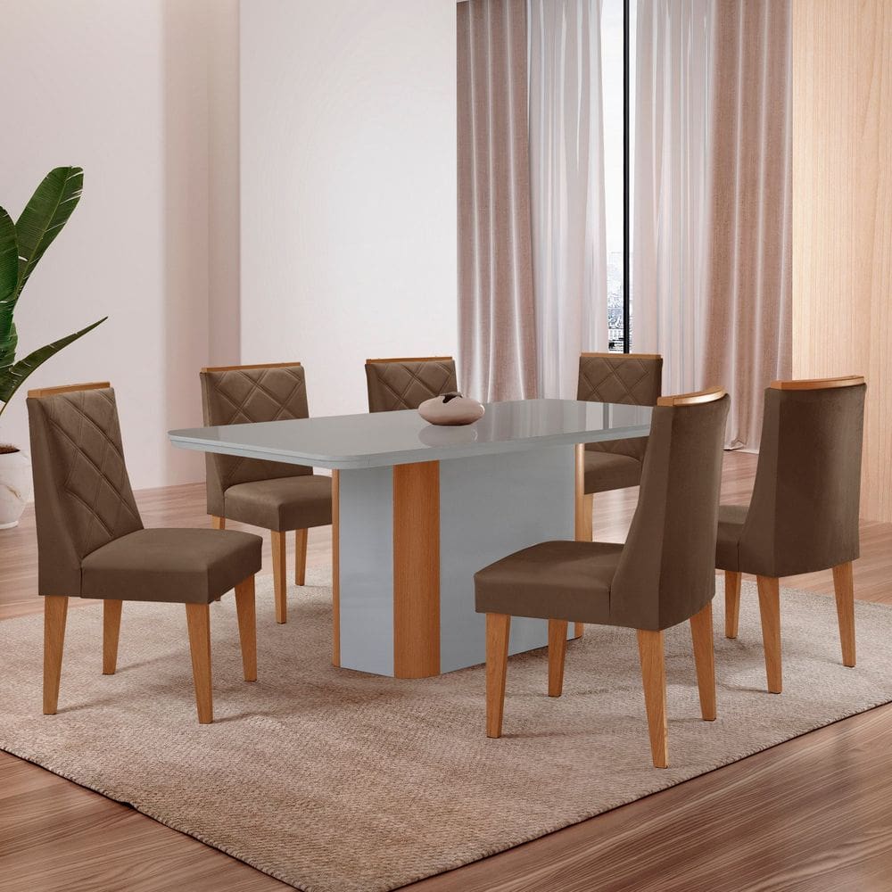Mesa 180cm Tampo Mdf/vidro Canto Copo 6 Cadeiras Ester Marrom/Naturalle/Off White