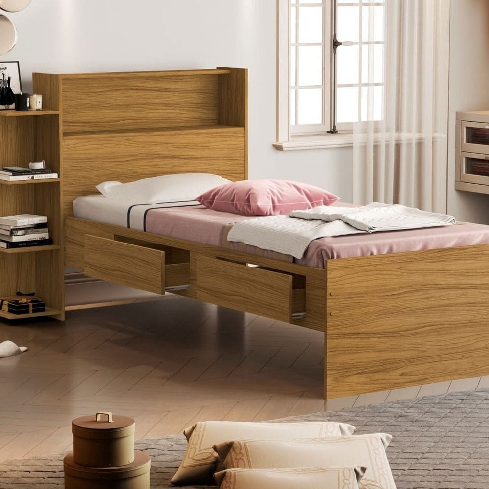 Cama Solteiro Baú com 2 Gavetas Isa Marrom