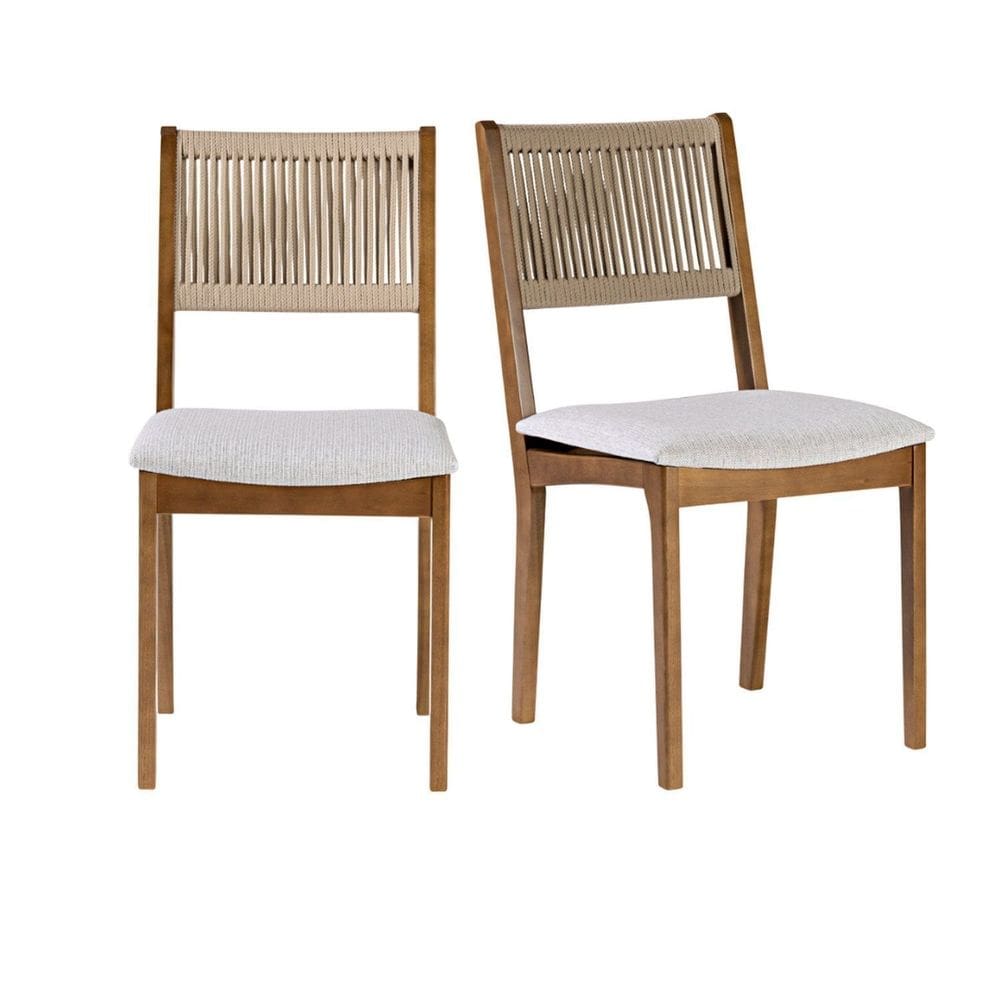Kit 2 Cadeiras de Jantar sem Braços Tune Verniz Mel/Corda Areia/Tecido Gelo