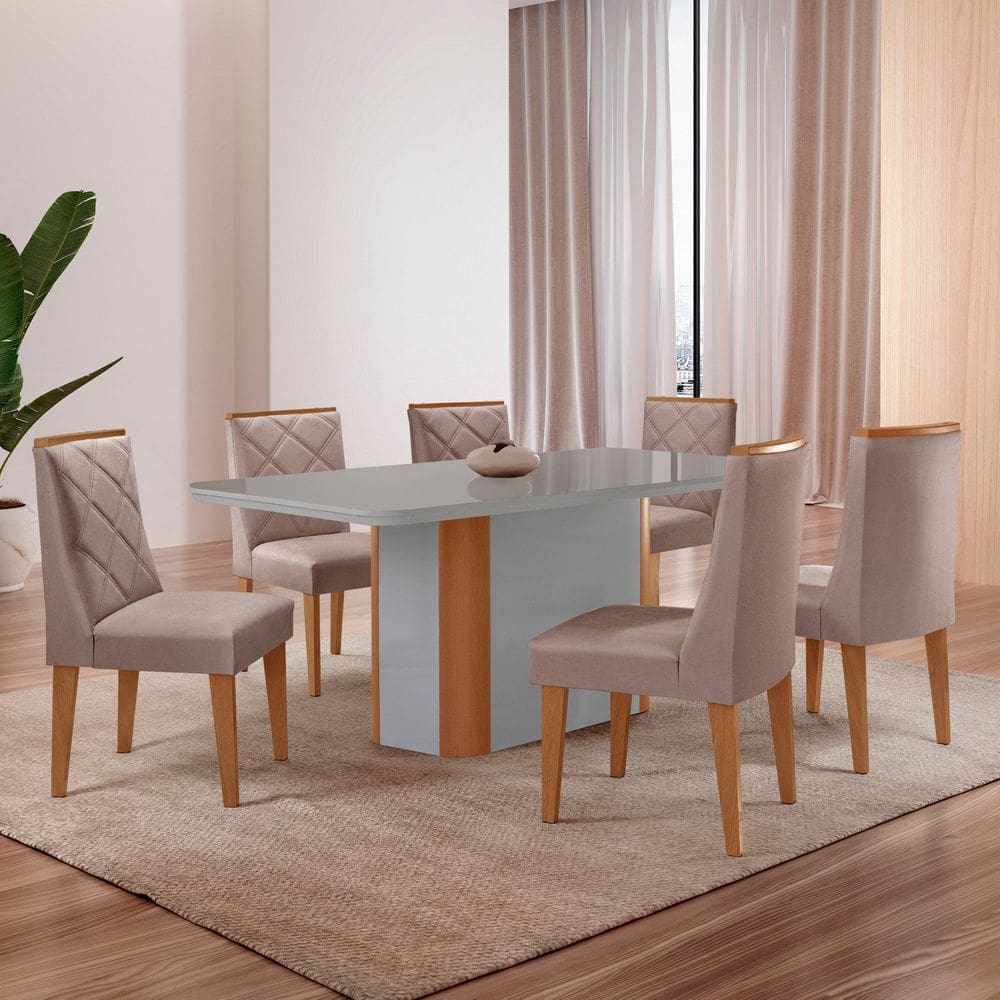 Mesa 180cm Tampo Mdf/vidro Canto Copo 6 Cadeiras Ester Capuccino/Naturalle/Off White