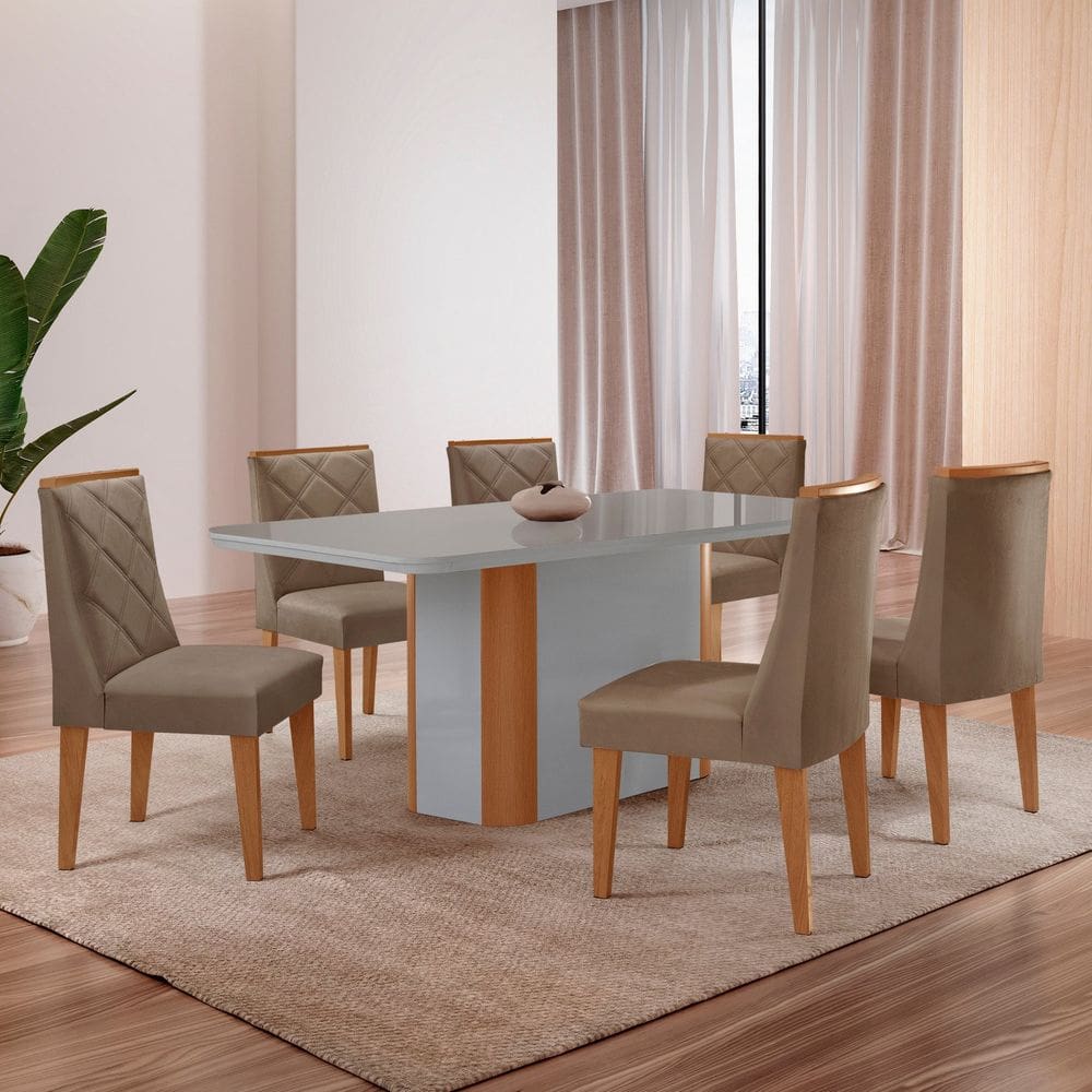 Mesa 180cm Tampo Mdf/vidro Canto Copo 6 Cadeiras Ester Capuccino/Naturalle/Off White