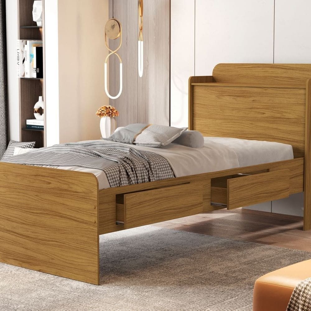 Cama Solteiro com Baú 2 Gavetas Tamires Marrom