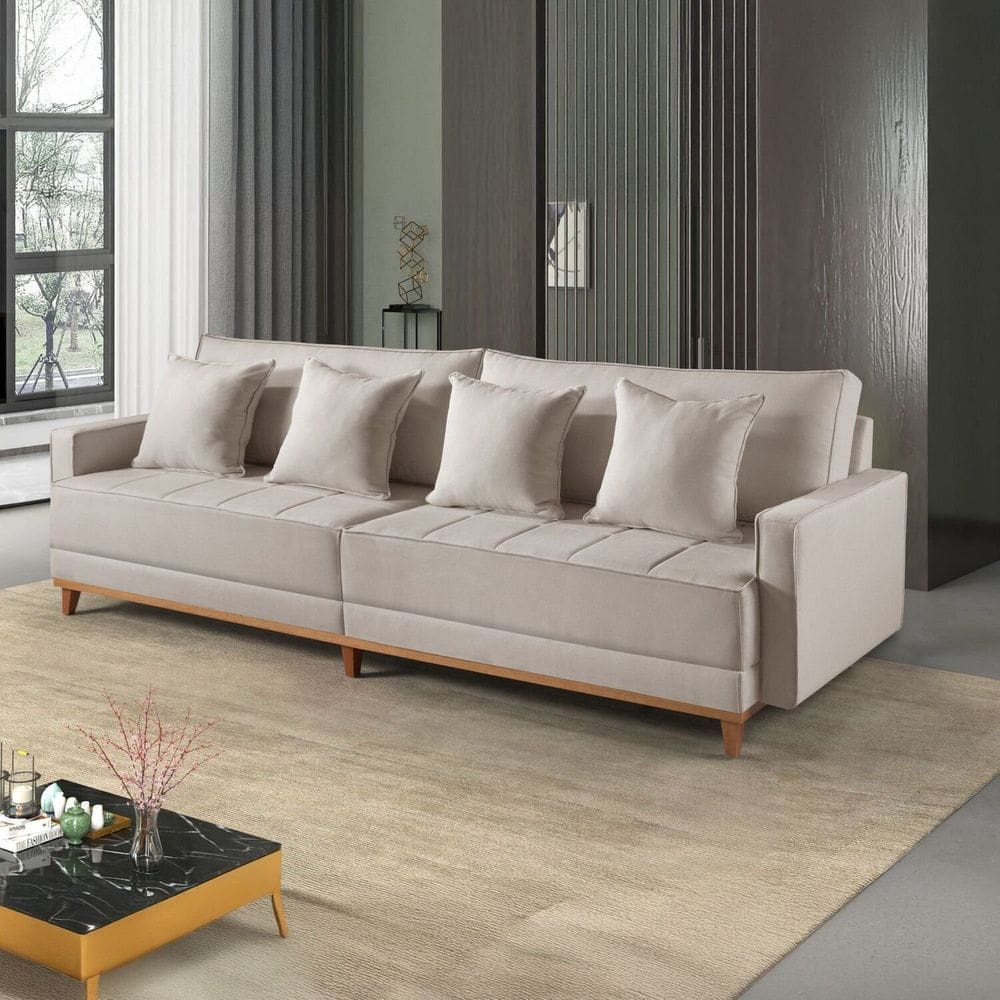 Sofá 3 Lugares 4 Almofadas 95x220x86 Cm Bege