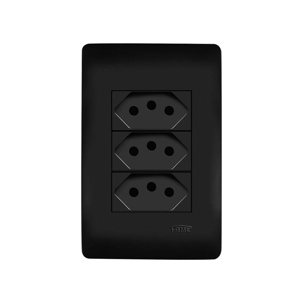 Tomada Tripla Fame Habitat Black 2P+T 10A com Placa 4x2 Preta