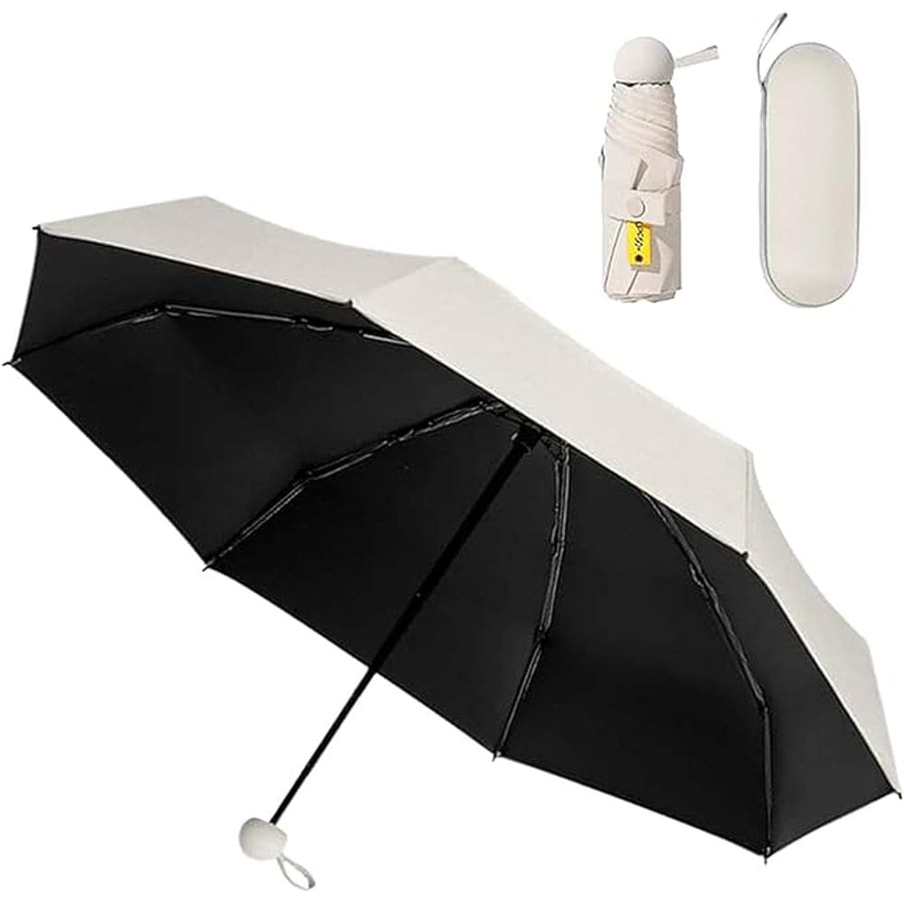 Mini Guarda-Chuva Dobrável Automático, Proteção UV (Bege)