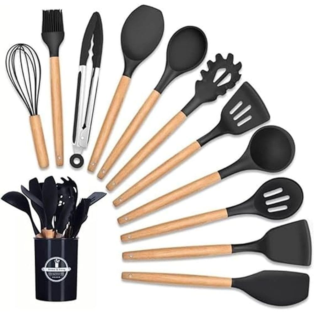 Kit de 12 Peças Conjunto de Utensílios de Cozinha Preto com Silicone da Marca Generic