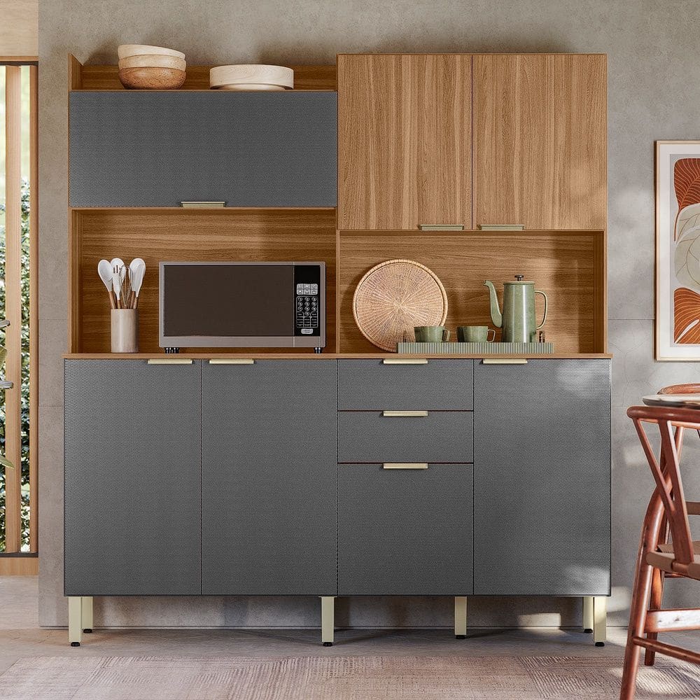 Cozinha Compacta Pitaya 7 Portas e 2 Gavetas Amêndola Touch Grafito Demóbile