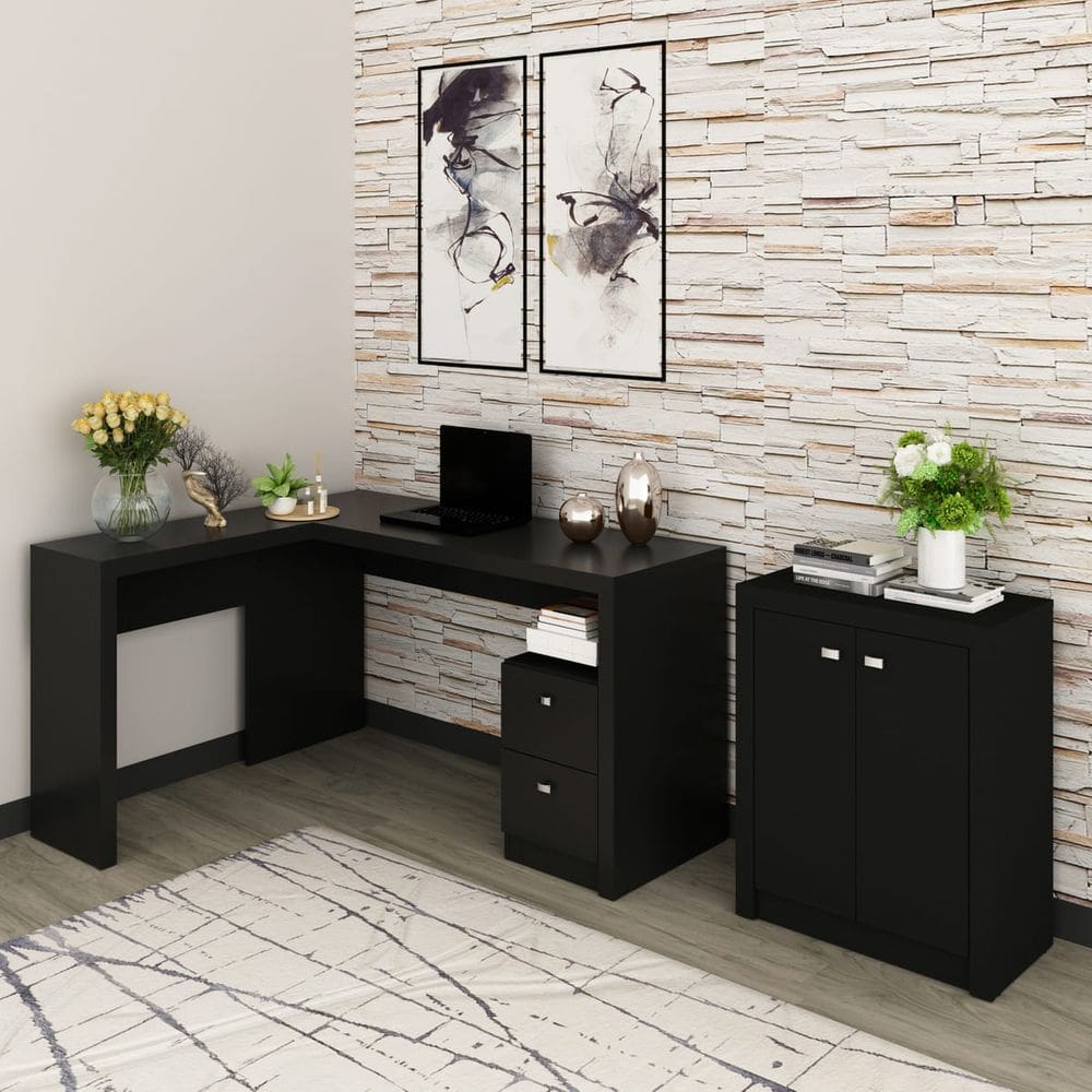 Mesa Escritório com Armário 2 Portas 2 Gavetas Preto
