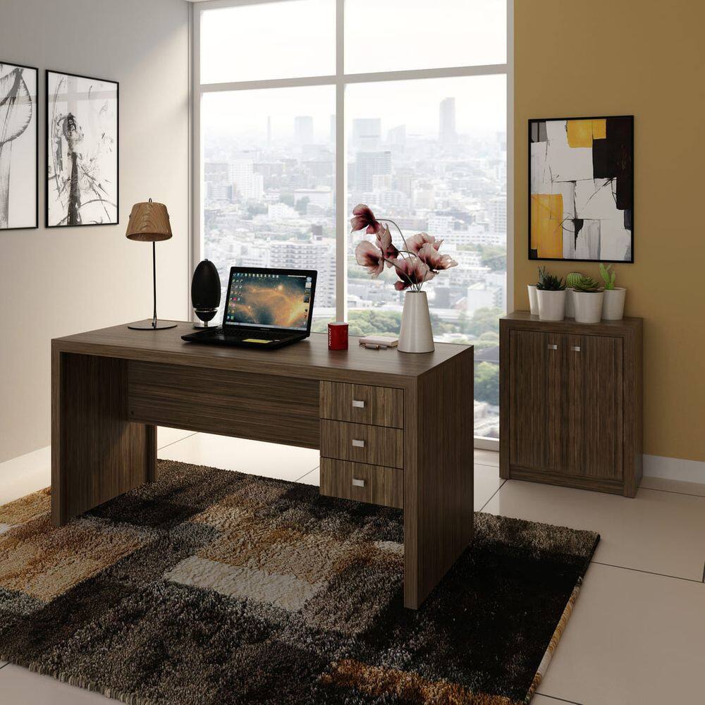 Kit Mesa de Escritório com Armário de 2 Portas Nogal