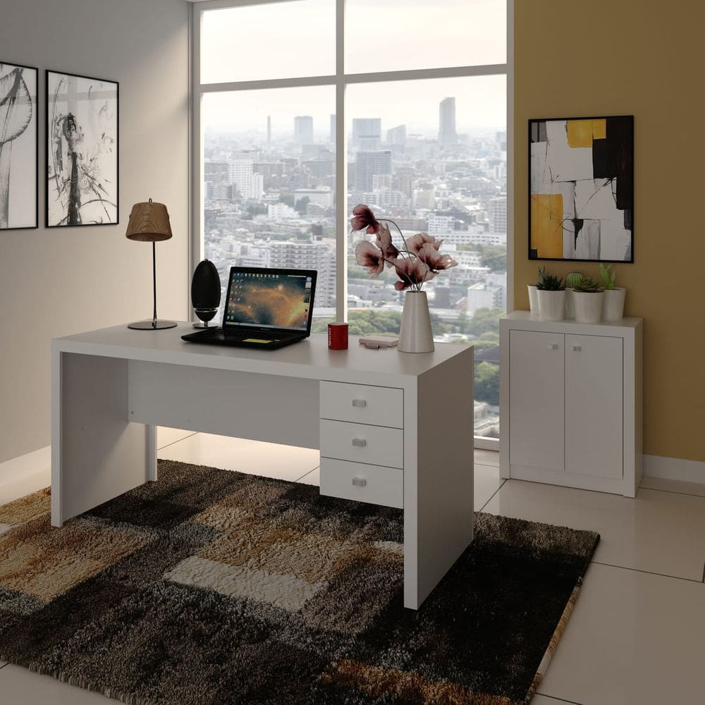 Conjunto Mesa de Escritório 3 Gavetas com Armário de 2 Portas Branco