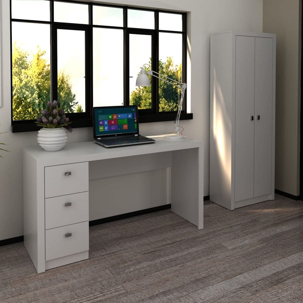 Mesa de Escritório com Armário 2 Portas 2 Peças Branco