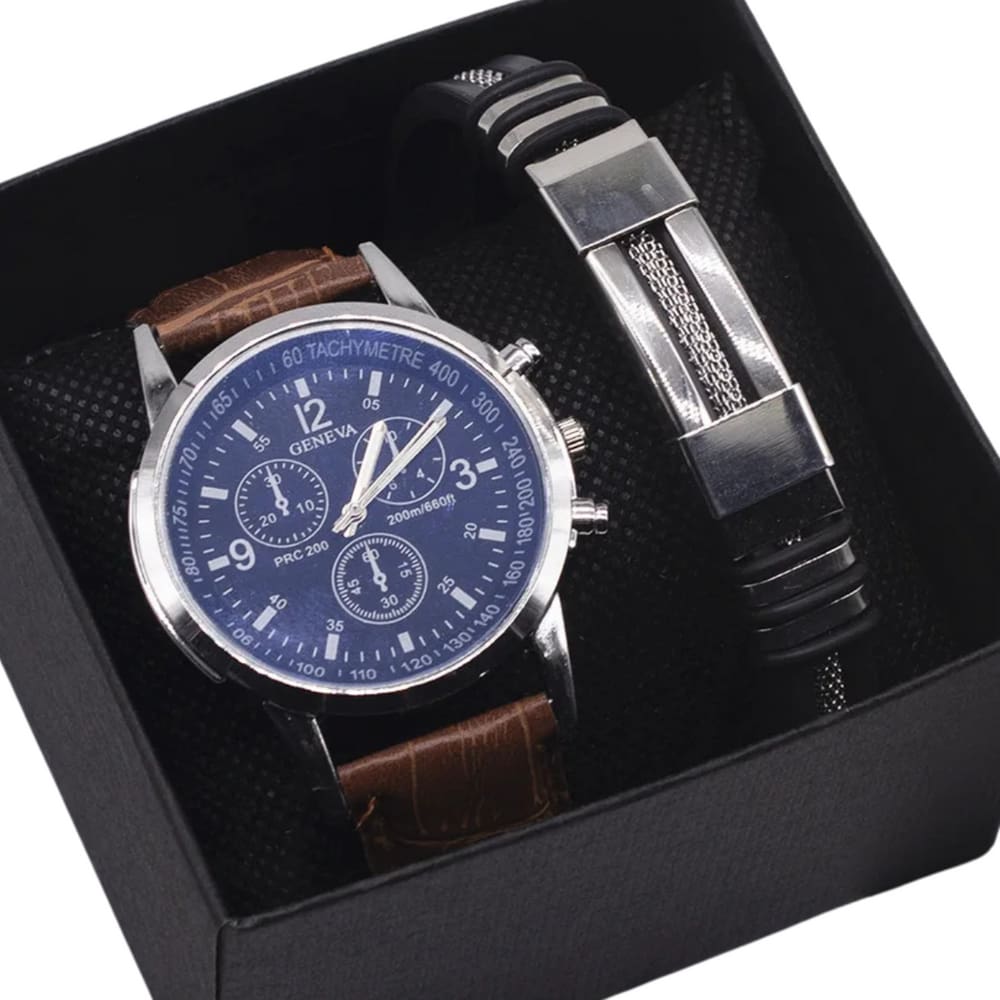 Relógio Masculino Social Couro Alfa Geneva + Pulseira Metal