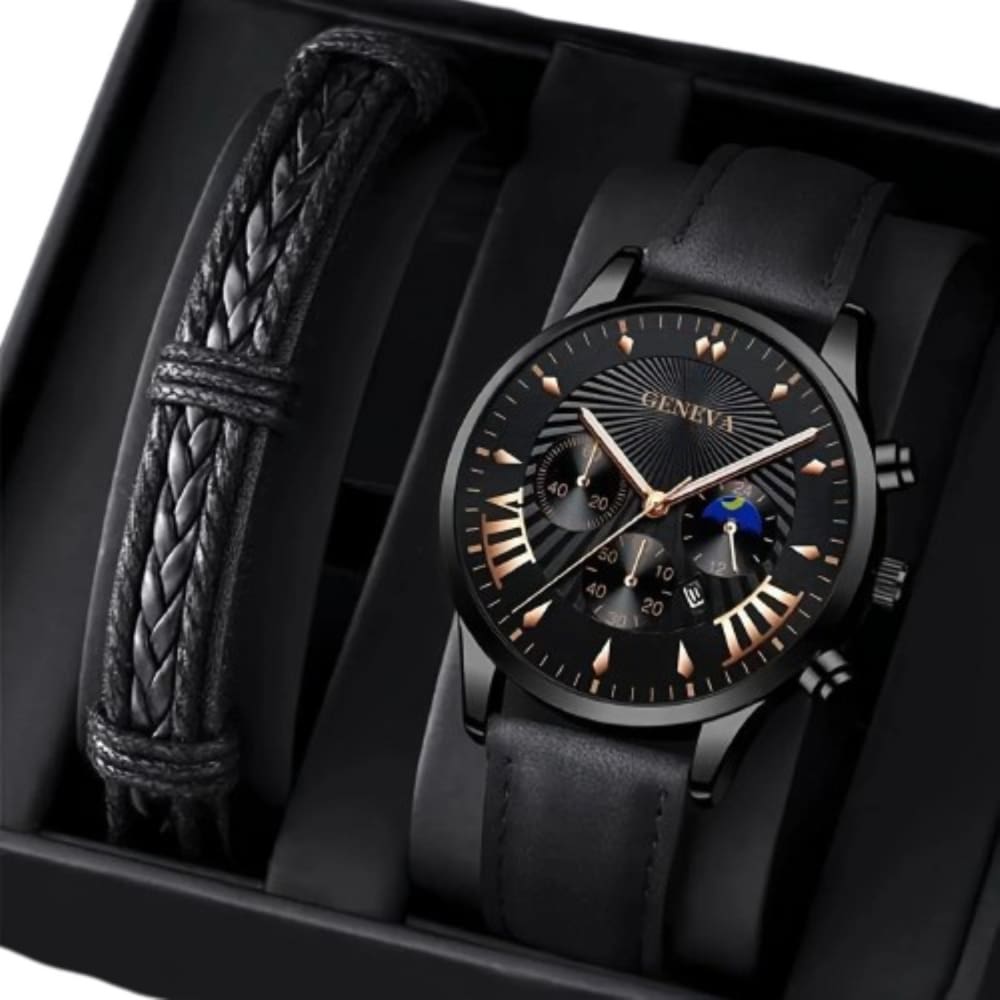 Relógio Masculino Preto Luxo Alfa Geneva + Pulseira de Couro
