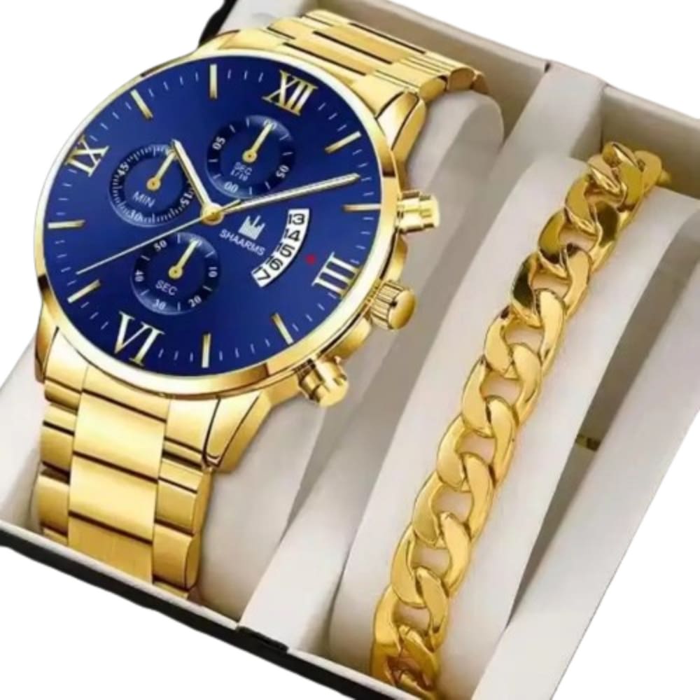 Relógio Masculino Dourado Luxo Alfa + Pulseira de Metal