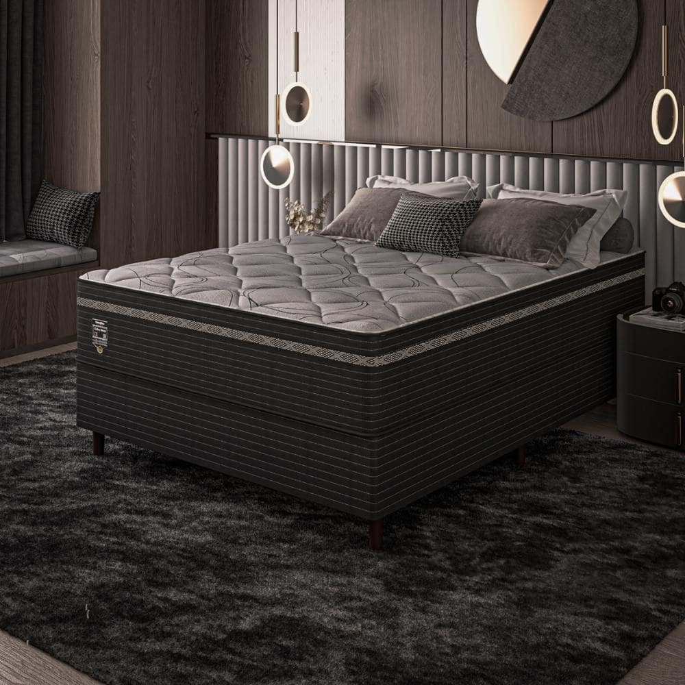 Cama Box Casal Preto E Colchão Casal Molas Ensacadas Individualmente Euro Pillow 138x188x71 Extra Sleep Umaflex