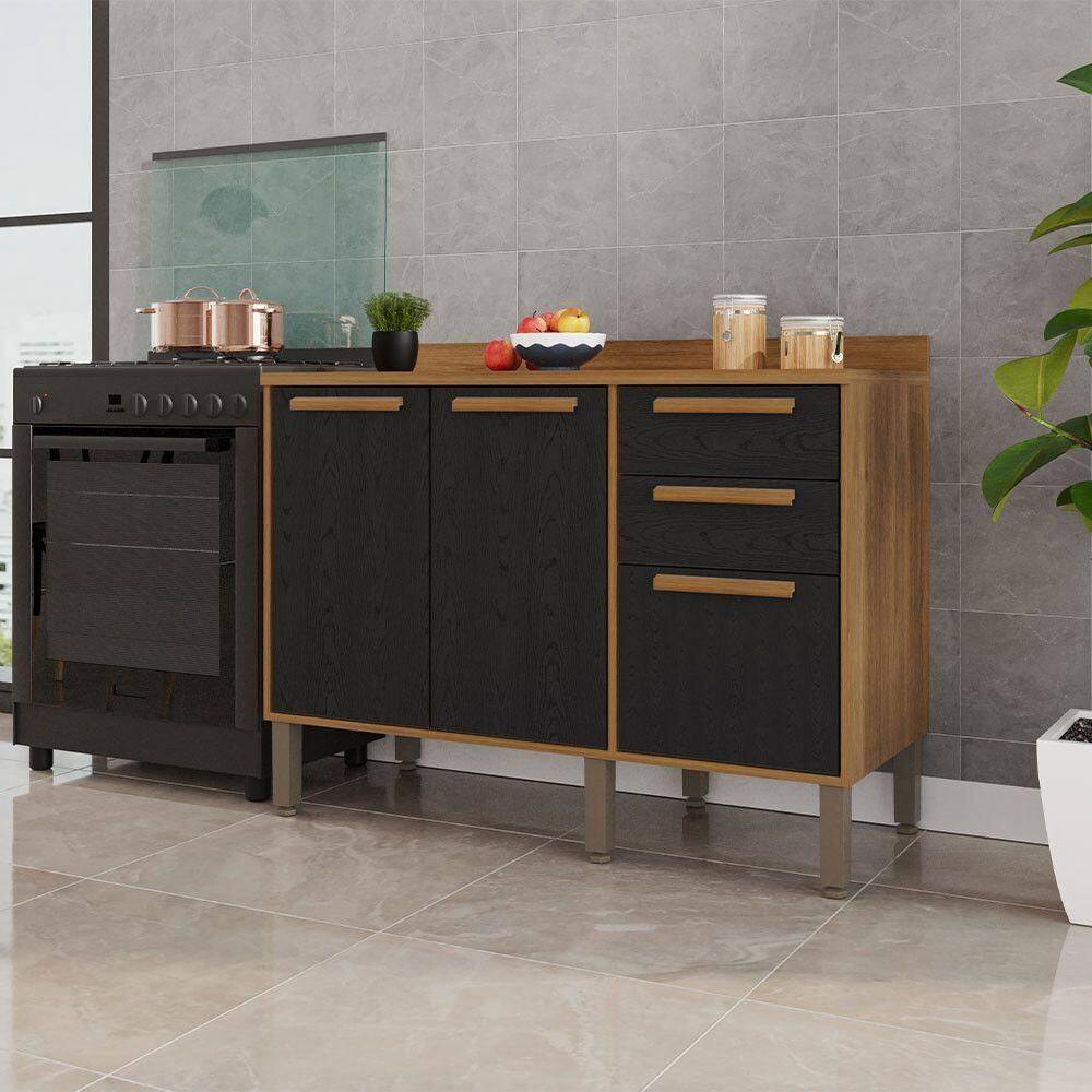 Balcão Cozinha Flórida 120cm 3 Portas 2 Gavetas Salleto Cinamomo Com Preto
