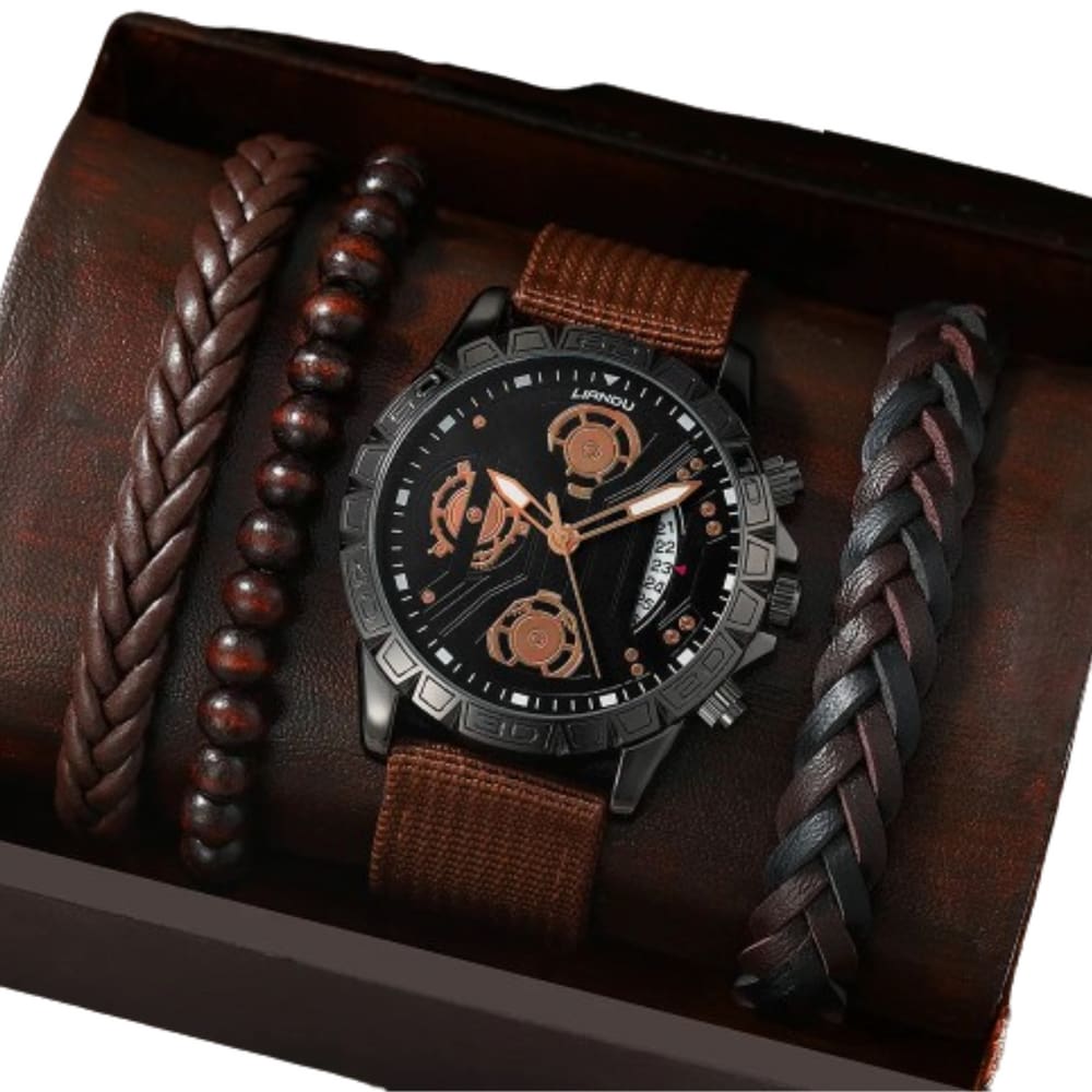 Relógio Masculino Marrom Luxo Alfa Casual+ Kit Pulseiras