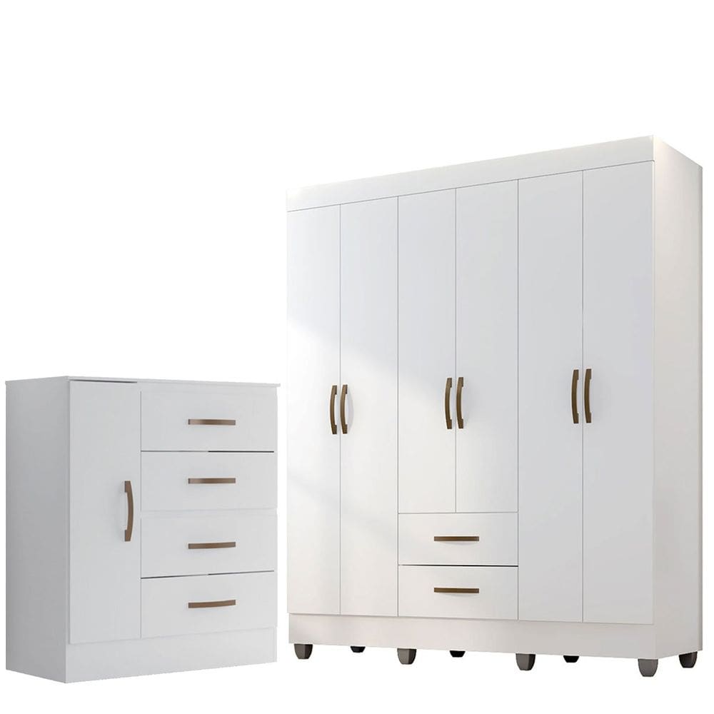 Kit Guarda-Roupa Casal 6 Portas e Cômoda Sapateira 1 Porta Lisa