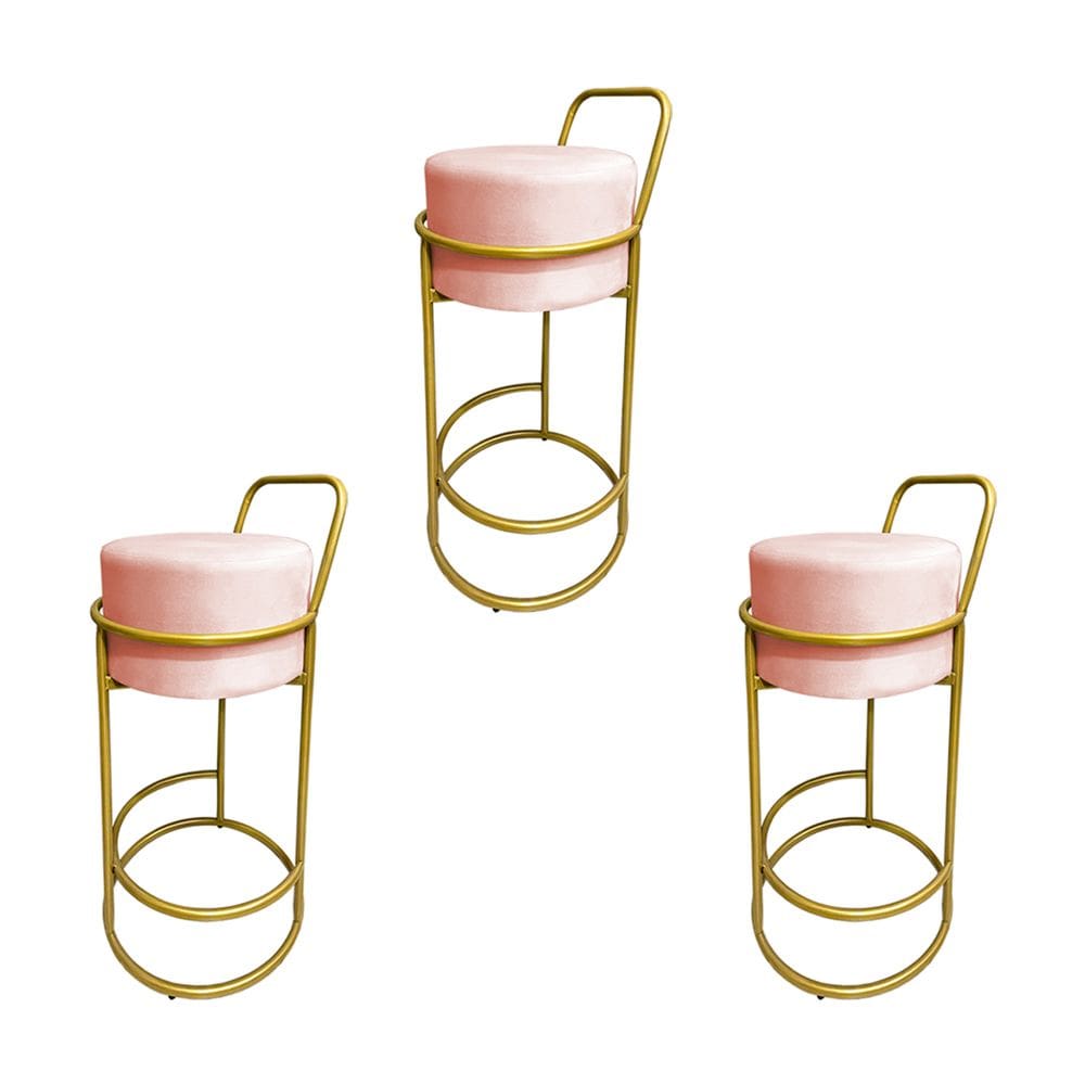 Kit 3 Banquetas Alta Redonda Base Dourada Veludo - Rose