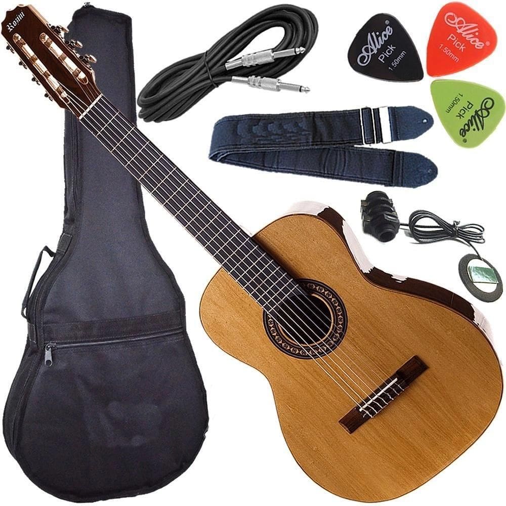 Kit Violão Eletroacústico Canhoto 7 Corda Nylon Rx207 Rozini