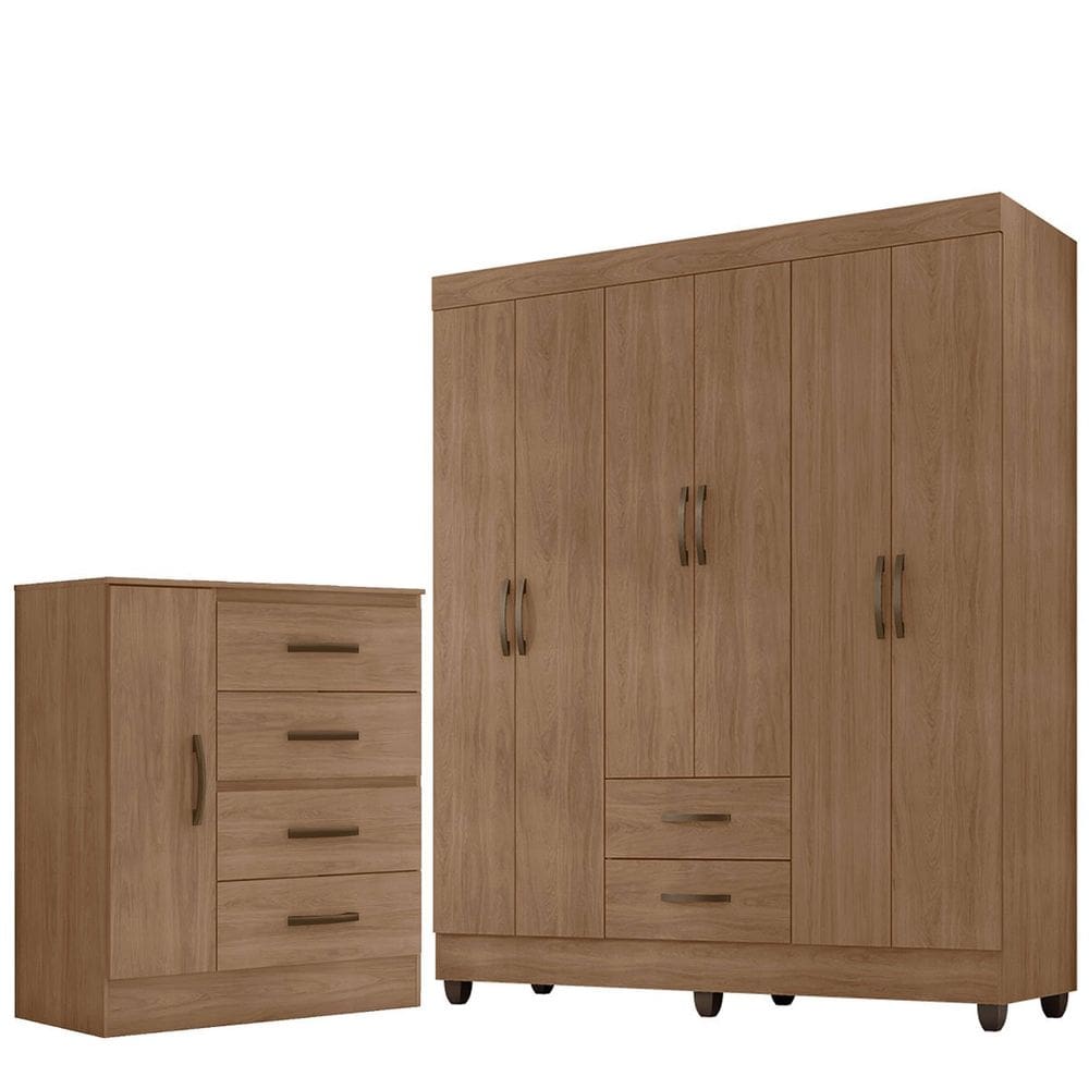 Kit Guarda-Roupa Casal 6 Portas e Cômoda Sapateira 1 Porta Lisa