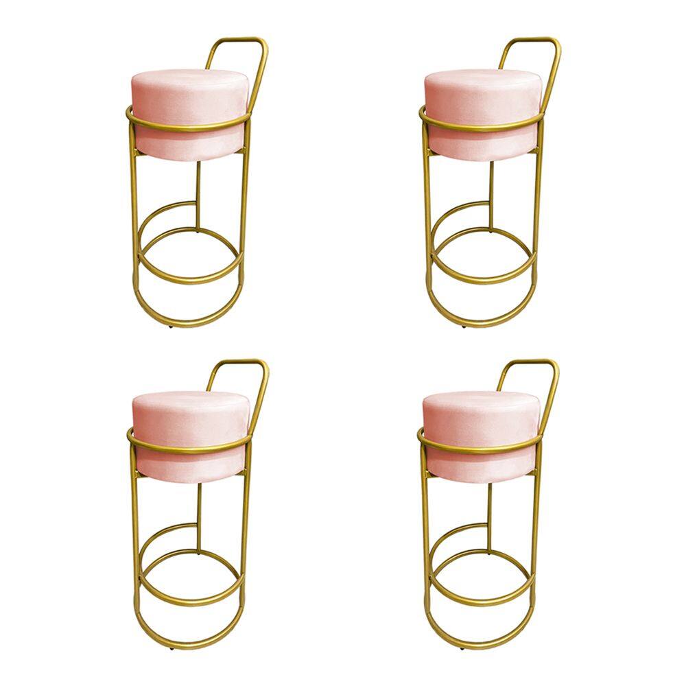 Kit 4 Banquetas Alta Redonda Base Dourada Veludo - Rose