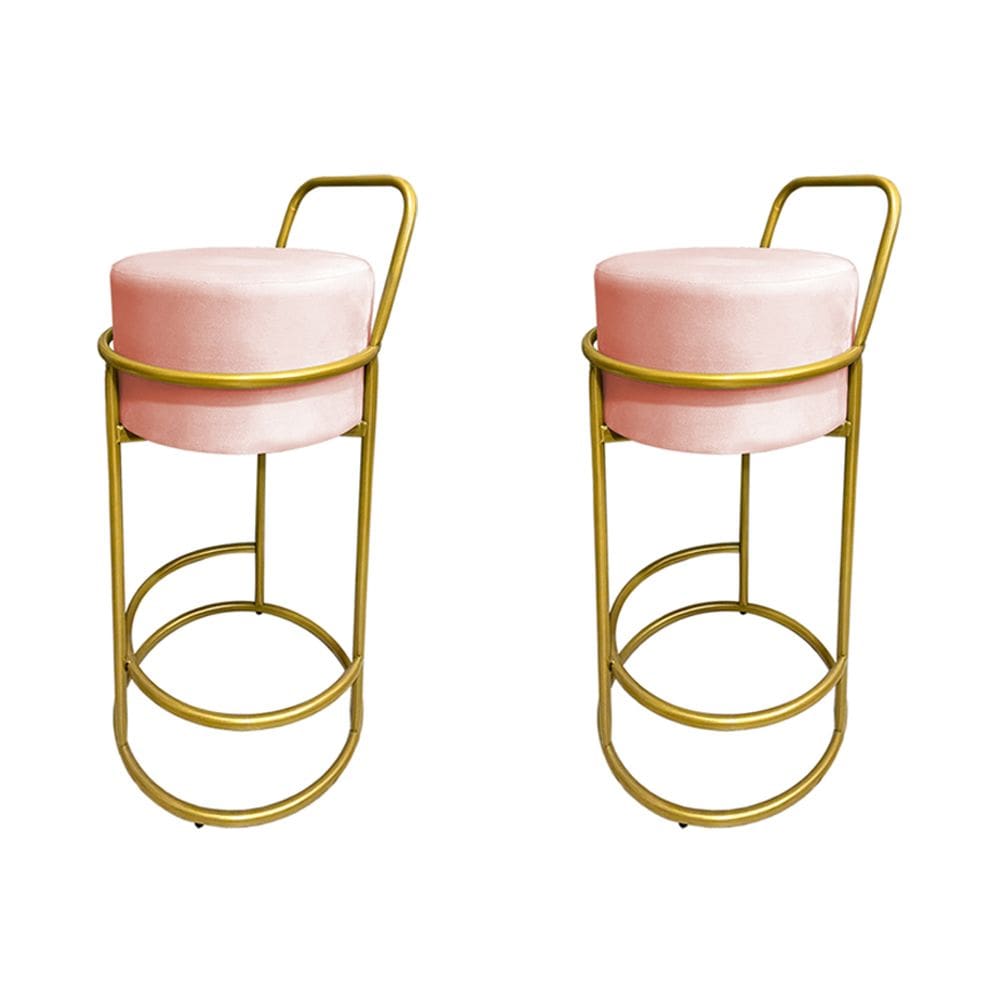 Kit 2 Banquetas Alta Redonda Base Dourada Veludo - Rose