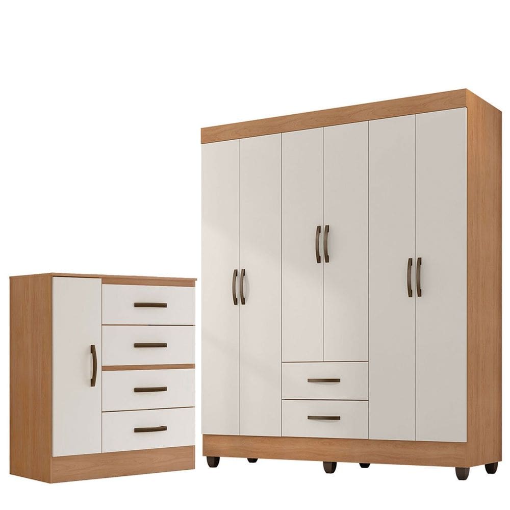 Kit Guarda-Roupa Casal 6 Portas e Cômoda Sapateira 1 Porta Lisa