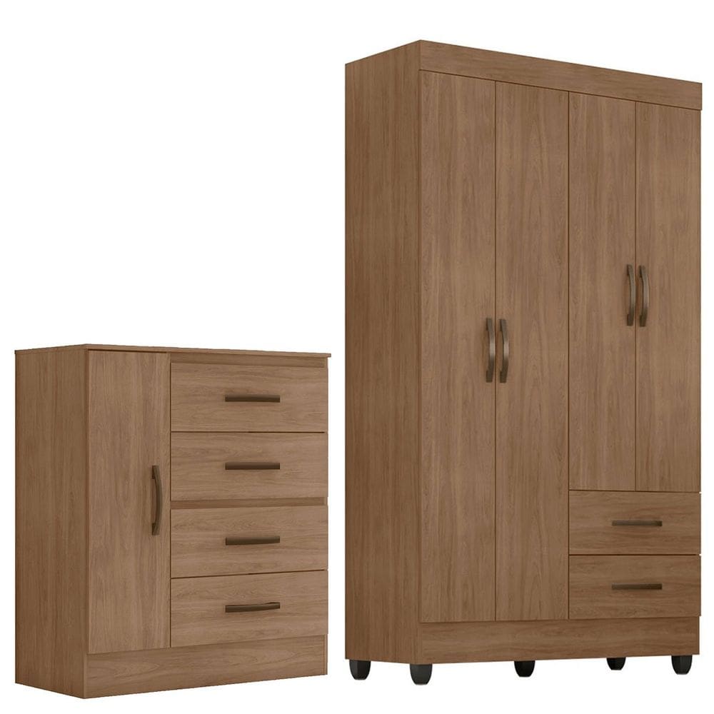 Kit Guarda-Roupa Solteiro 4 Portas com Cômoda Sapateira Lisa
